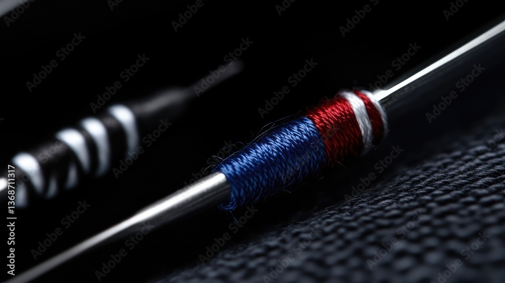 Naklejka premium Close-up view of colorful sewing thread spools on metal needles, against a dark fabric background