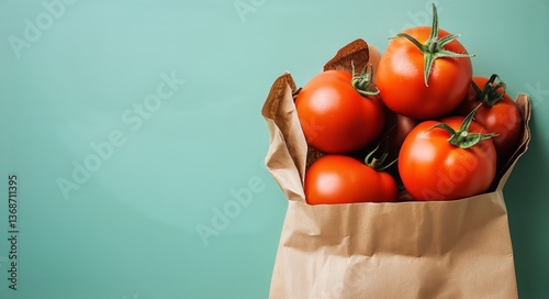 Fresh Red Tomatoes in a Paper Bag on a Light Blue Background for Cooking or M...