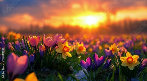 Colorful Spring Flowers Bloom in the Mountains During Sunrise With Dew Gliste...