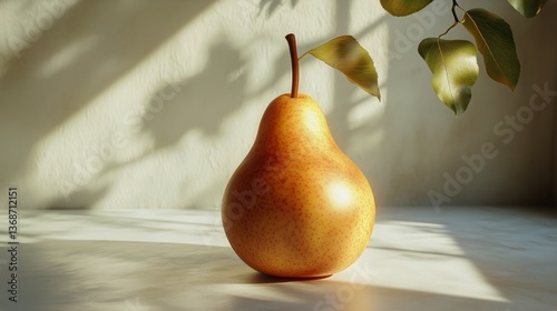 Golden Pear Resting on a Surface With Shadows and Greenery