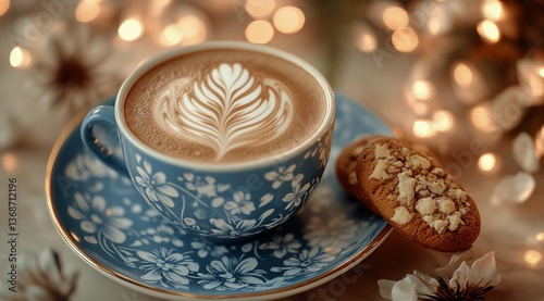 Cozy Coffee Cup With Latte Art and Cookie at Holiday Gathering in Intimate Se...