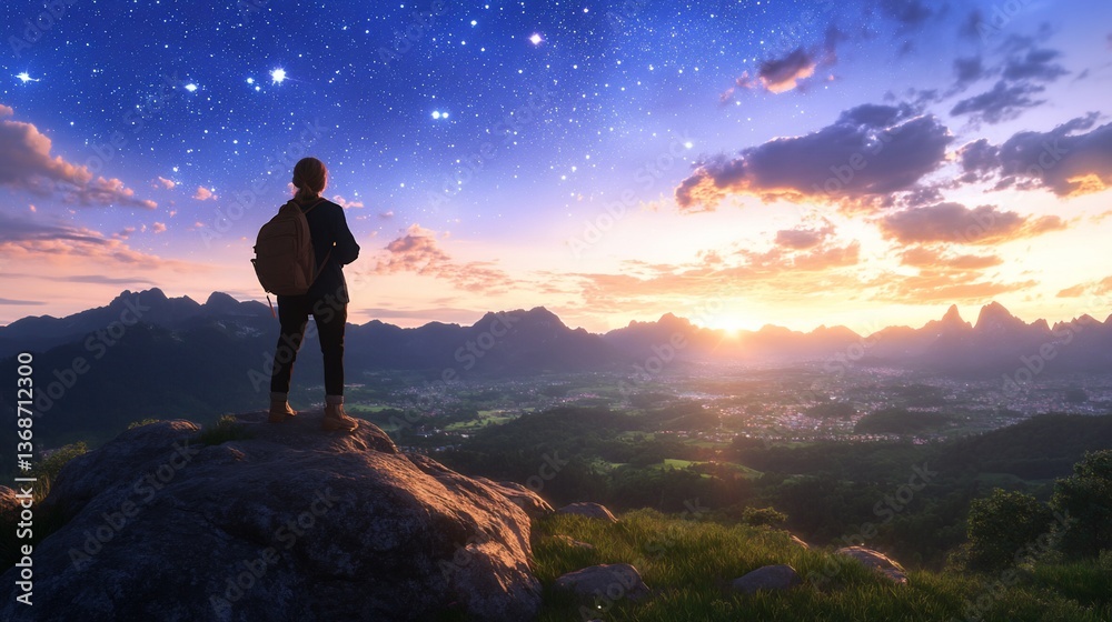 Fototapeta premium Hiker stands atop a rocky peak at sunset, observing the distant horizon