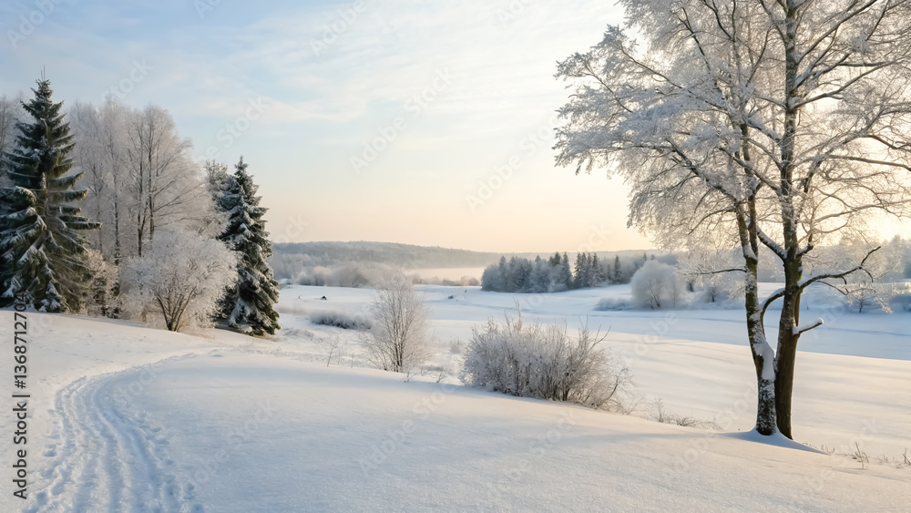 A serene winter landscape featuring snow-covered fields and frosted trees. A serene winter landscape featuring snow-covered fields and frosted trees.