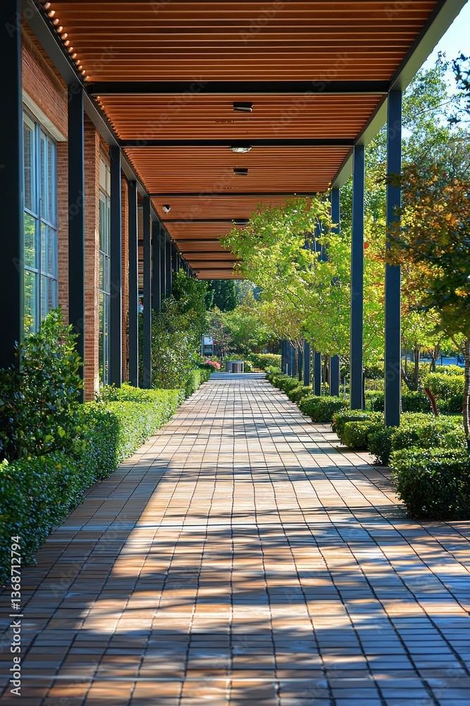 Obraz premium Sunlit walkway, brick building, lush greenery, peaceful ambiance.