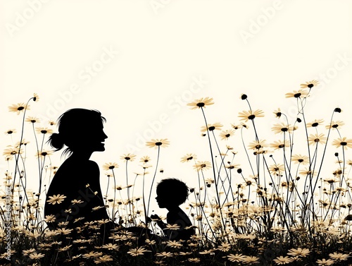 Mother and baby silhouette in daisy field.