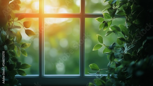 Sunlight Streaming Through a Window Surrounded by Lush Green Leaves During a ...