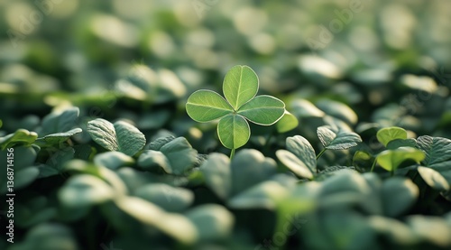 Green Clover Shining in Sunlight With Blurred Background of Foliage and Dew D...