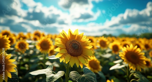 Sunflower Field Under a Vibrant Sky on a Sunny Day in Summer