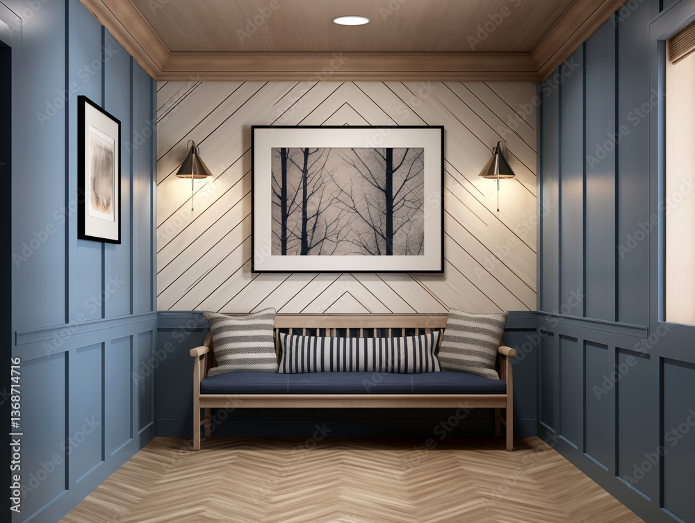 Fototapeta premium Modern hallway wall panelling in navy blue colors, simple minimalist furniture and artwork on the wall. Hall with wooden wall panels