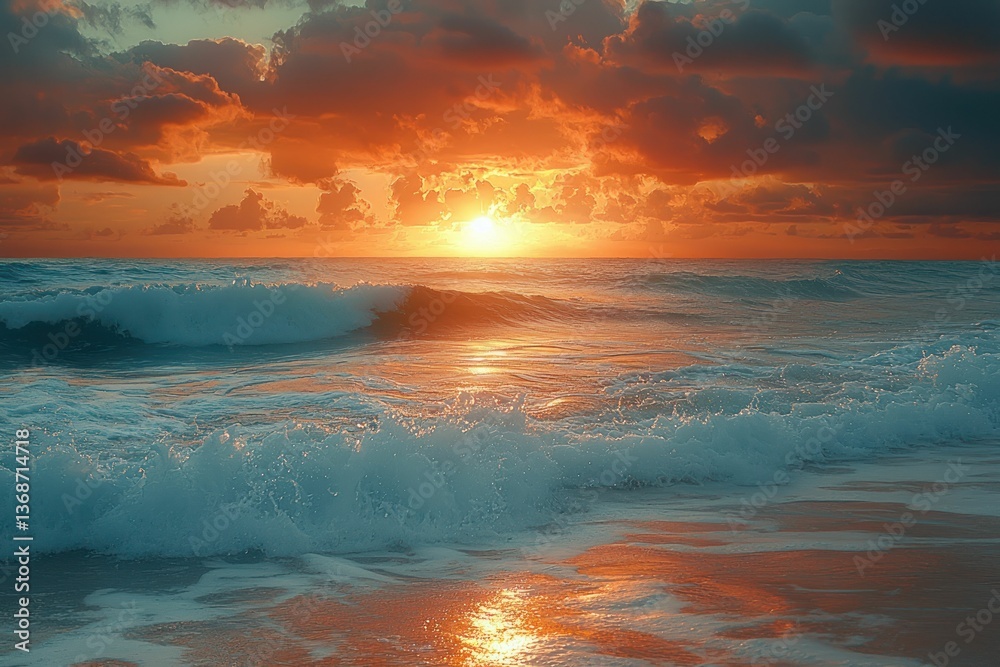 Obraz premium Dramatic ocean sunset, waves crashing on shore