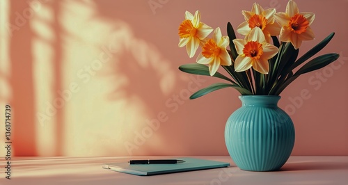 Colorful Daffodils in a Turquoise Vase on a Soft Pink Table at Morning Light