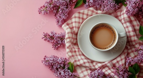 Coffee Cup Surrounded by Lilac Flowers on a Pink Background With a Checkered ...