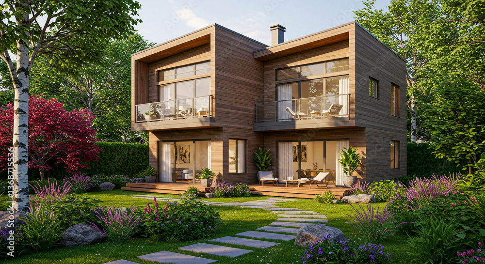 Fototapeta premium Modern wooden house with large glass windows, lush garden, and balconies, surrounded by greenery.