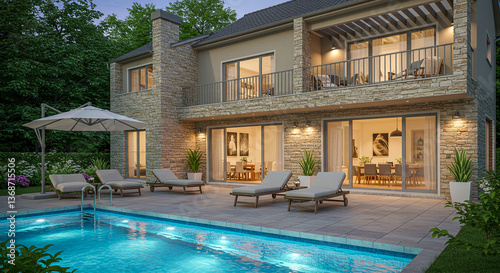 Wallpaper Mural Luxury stone house with a pool, outdoor lounge, and warm evening lights in a serene setting. Torontodigital.ca