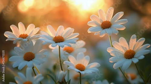 Bright Daisies Bloom in a Sunny Field During Golden Hour