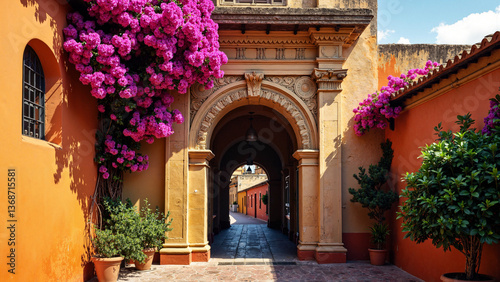 Obraz na płótnie Traditional Spanish Colonial Architecture with Bougainvillea Isolated on Transparent Background for Travel and Tourism Marketing w salonie