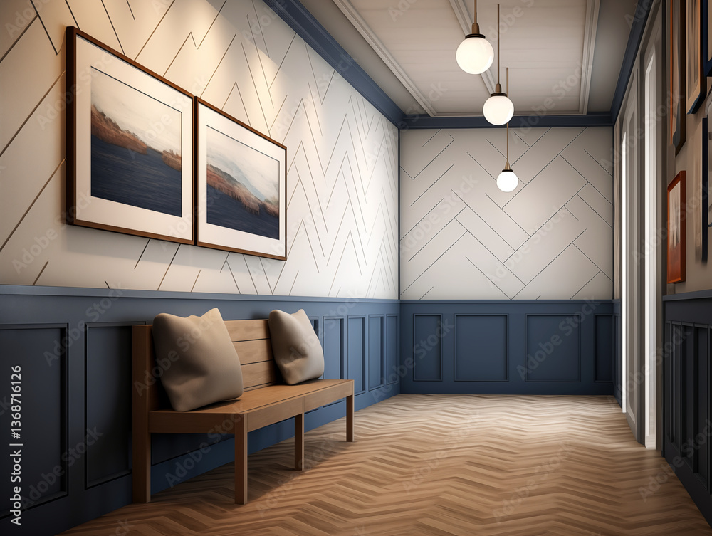 Fototapeta premium Modern hallway with wainscotting wall panelling in navy blue colors, simple minimalist furniture and artwork on the wall