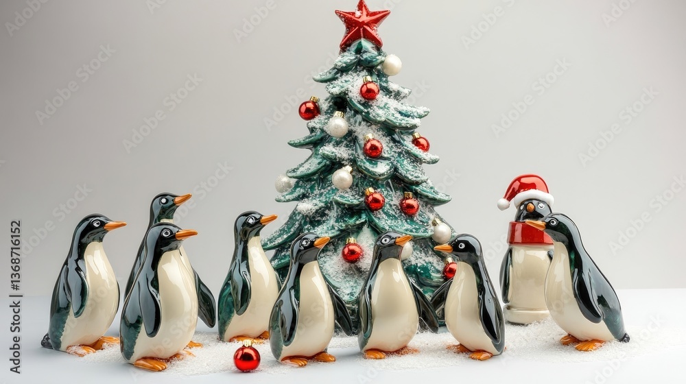 Obraz premium Ceramic statuettes of penguins and Christmas tree