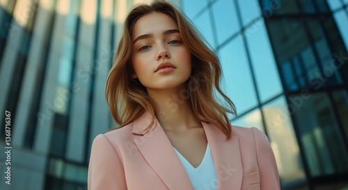 Young Woman in Pink Blazer Poses Confidently Against Modern Glass Building on...