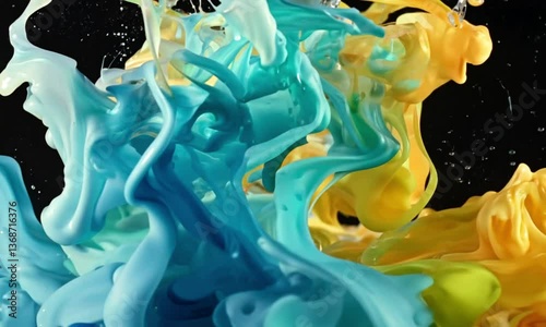 splashes of blue, yellow, and green paint swirling in dark water, creating a dynamic and artistic pattern, like a vibrant dance of colors suspended in motion