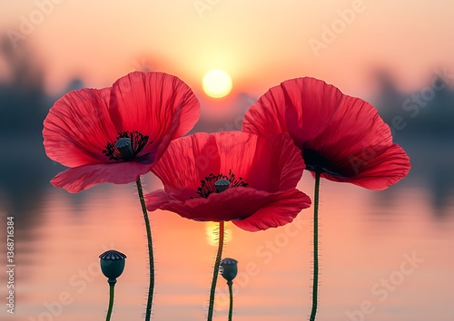 Three red poppies at sunrise over calm water.