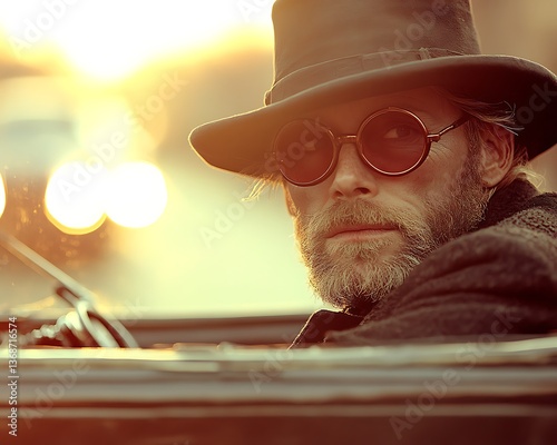 Man in top hat and sunglasses in vintage car at sunset.