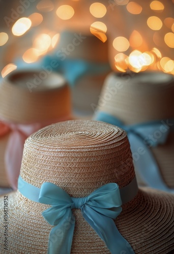 Colorful Straw Hats With Bows Displayed Against a Blurred Background of Glowi...