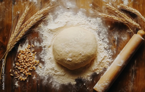 Hands Kneading Dough on a Wooden Surface With Wheat Stalks Nearby in a Domest...