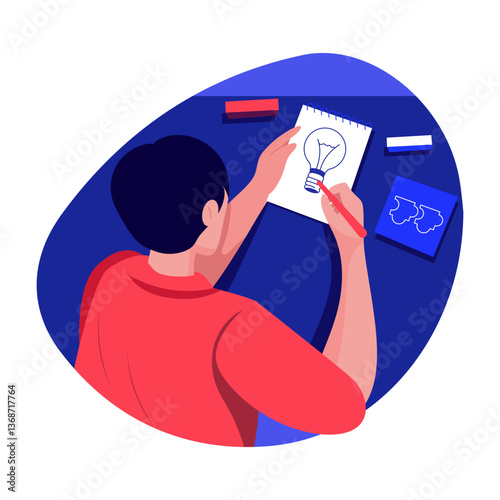 A character making lightbulb on a paper showing ideation, flat illustration