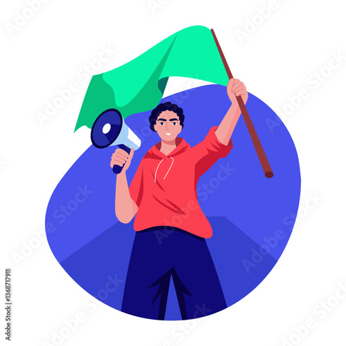 A character holding a protest flag, flat style illustration