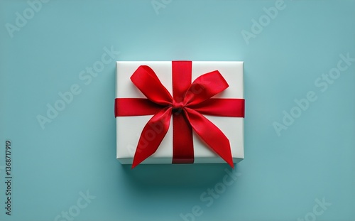 Gift Box With Red Ribbon on Turquoise Surface Ready for Celebration or Specia...