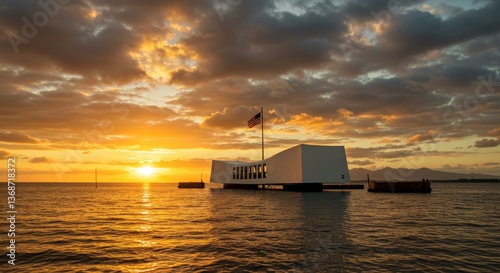 Pearl Harbor Sunset Memorial - Serene sunset over the USS Arizona Memorial at Pearl Harbor, a poignant tribute to history