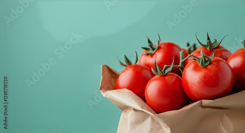 Fresh Red Tomatoes in a Paper Bag on a Light Blue Background for Cooking or M...