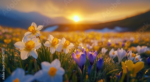 Colorful Spring Flowers Bloom in the Mountains During Sunrise With Dew Gliste...