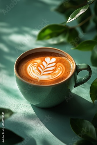 Latte Art in a Green Cup Surrounded by Lush Leaves on a Sunny Morning