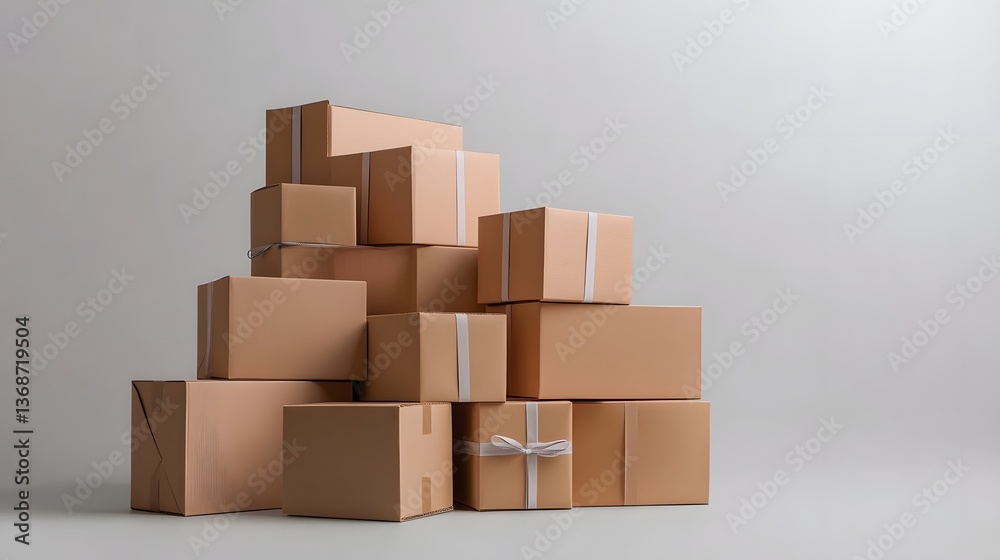 Stack of Cardboard Boxes with Ribbons Isolated on White Background Stack of Cardboard Boxes with Ribbons Isolated on White Background
