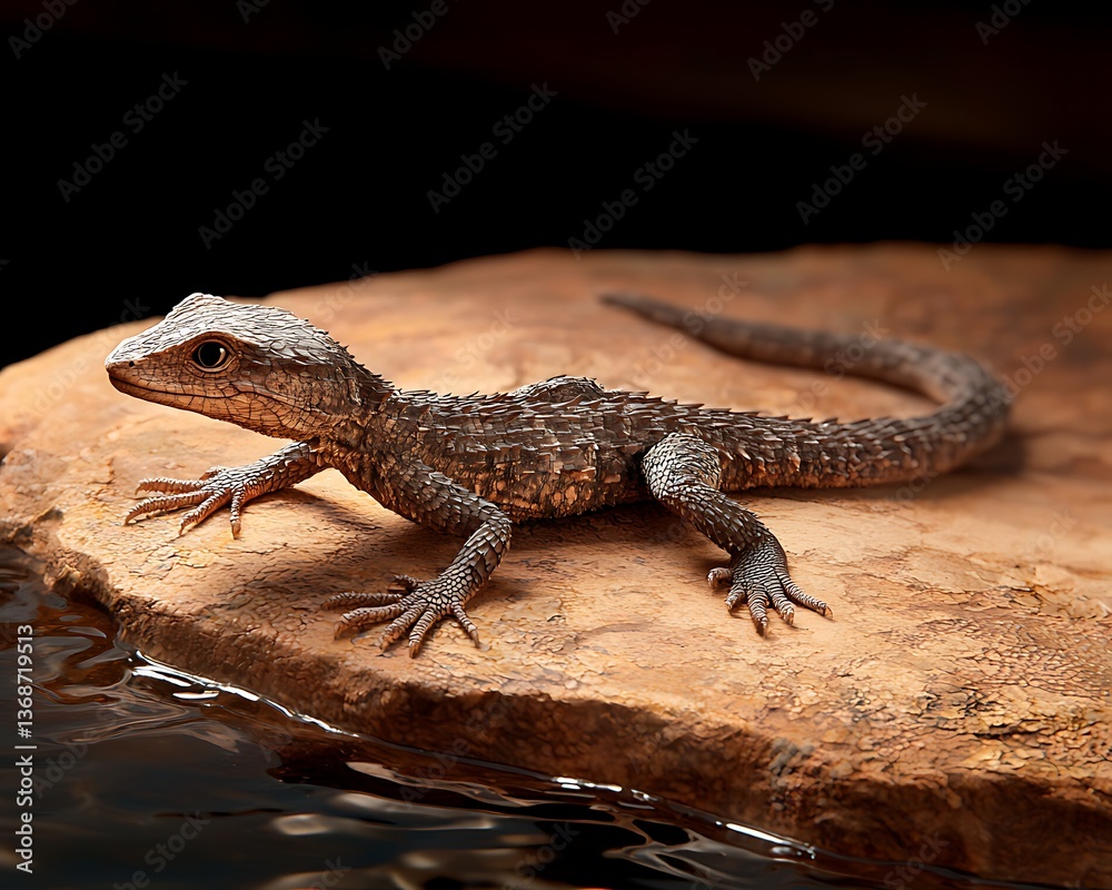 Fototapeta premium Young lizard on rock with dark background.