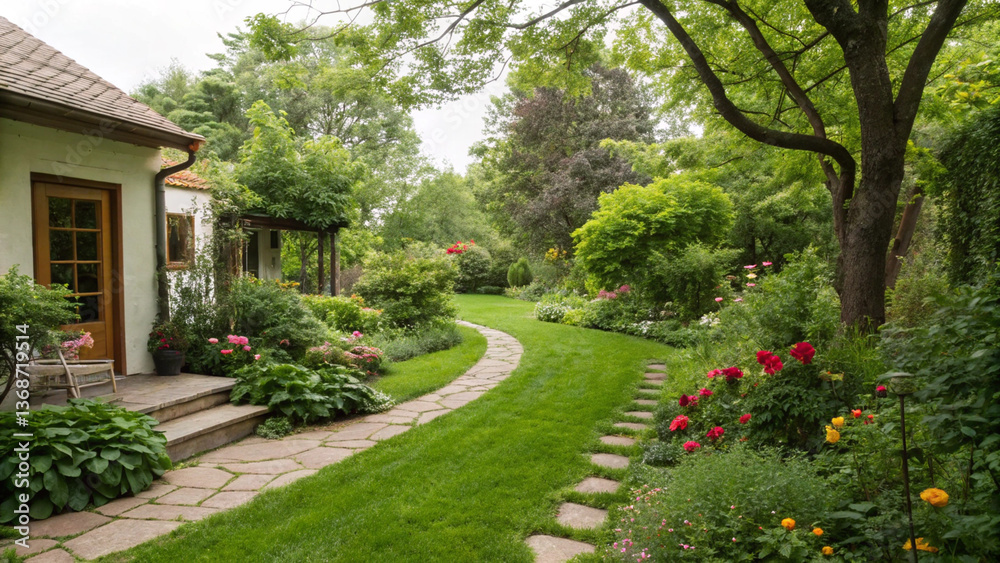 Lush garden path leads to a charming home surrounded by vibrant greenery and blooms. Lush garden path leads to a charming home surrounded by vibrant greenery and blooms.