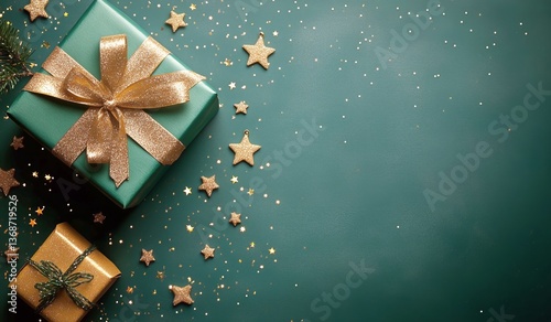 Beautifully Wrapped Gifts With Golden Ribbons and Festive Decorations on a Gr...