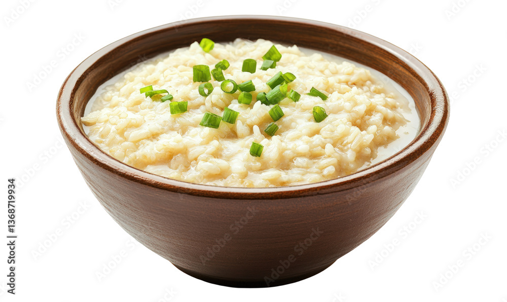 Creamy oatmeal porridge with chives in brown bowl Creamy oatmeal porridge with chives in brown bowl