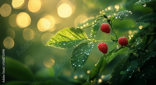 Fresh Raspberries Glisten With Morning Dew in a Lush Garden Setting
