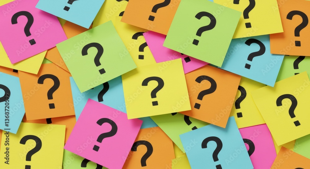 Colorful Question Mark Notes - A vibrant collection of colorful sticky notes, each displaying a black question mark, scattered on a surface Colorful Question Mark Notes - A vibrant collection of colorful sticky notes, each displaying a black question mark, scattered on a surface