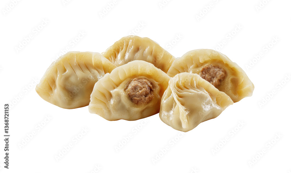 Four steamed dumplings with meat filling on a transparent background, food photography Four steamed dumplings with meat filling on a transparent background, food photography
