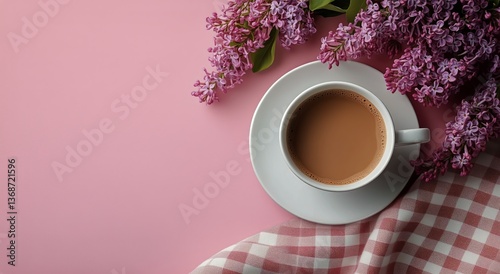 Coffee Cup Surrounded by Lilac Flowers on a Pink Background With a Checkered ...