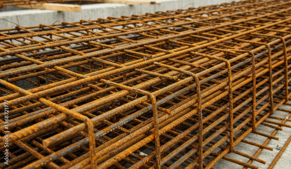 Rusty rebar at construction site showcasing industrial materials and urban environment, highlighting infrastructure topics.