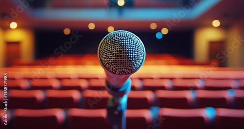 Microphone Positioned in an Empty Theater Ready for a Live Performance at Night
