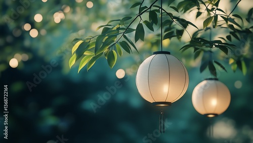 Elegant Paper Lanterns Hanging Among Lush Green Leaves in a Tranquil Evening ...