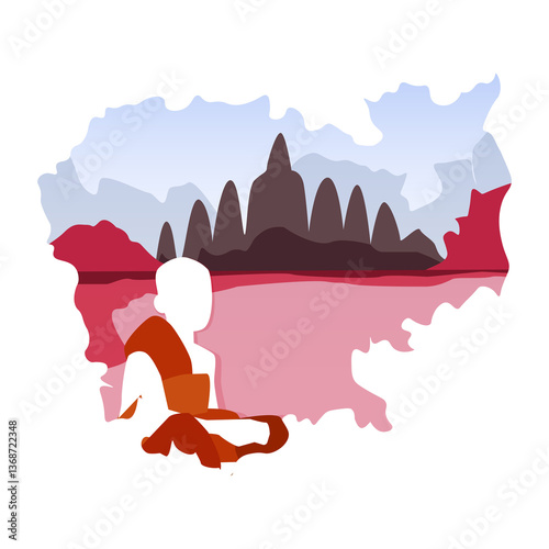 A monk in a cassock against a landscape and a temple in the shape of a map of Cambodia