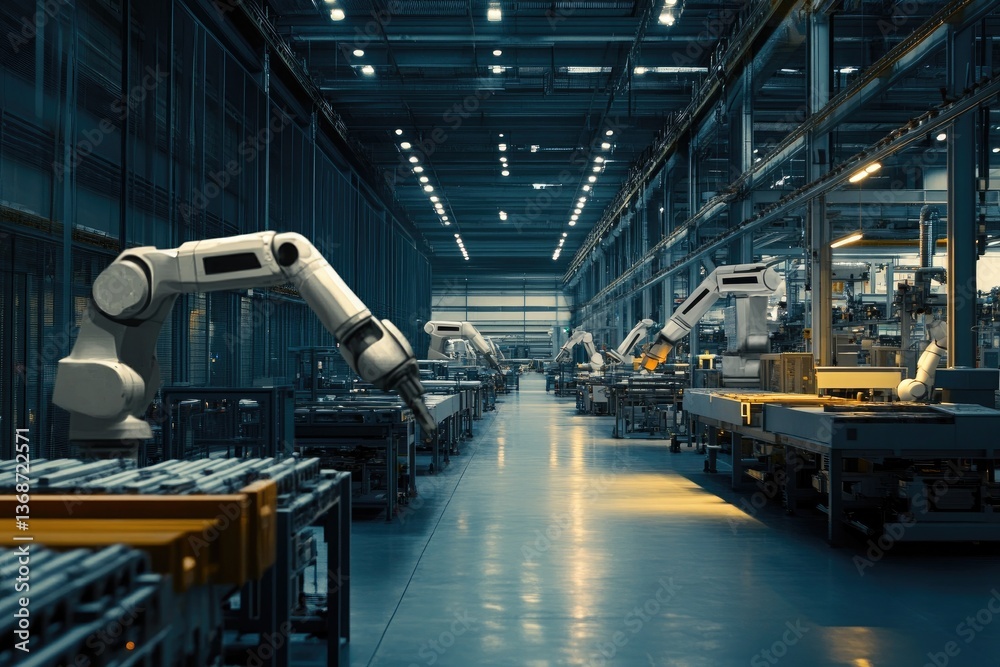 A large-scale automated factory where robots handle the entire production process, from material handling to final packaging, in a fully digitized, efficient workflow. A large-scale automated factory where robots handle the entire production process, from material handling to final packaging, in a fully digitized, efficient workflow.