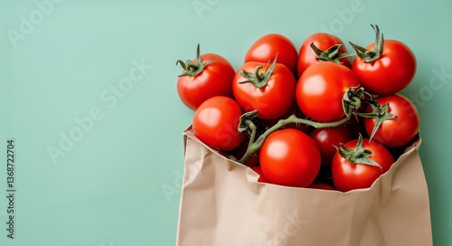 Fresh Red Tomatoes in a Paper Bag on a Light Blue Background for Cooking or M...